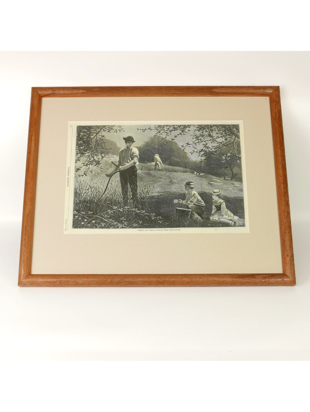 Antique Wood Engraving Print Winslow Homer Making Hay Man Farm Scythe Kids 1872